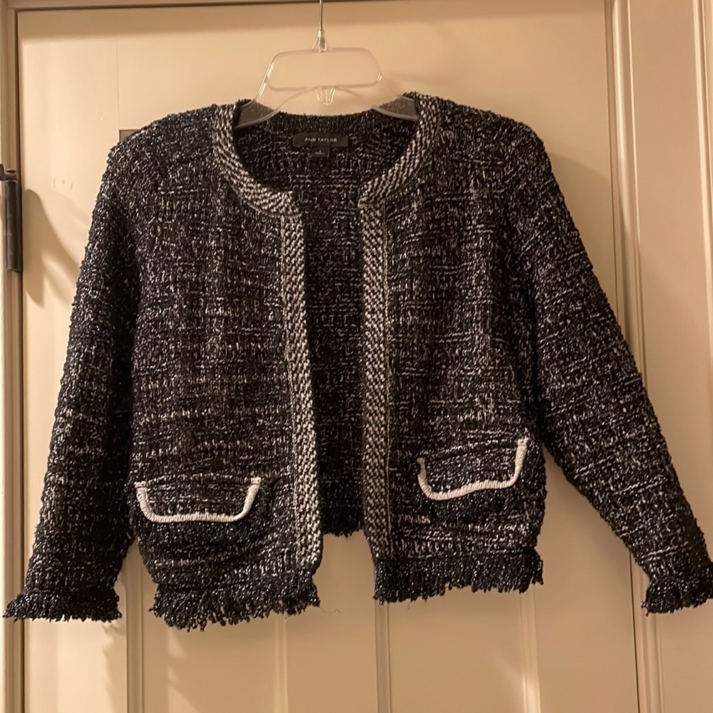 Ann Taylor Jacket. Black, white w/silver knit. Size S.
